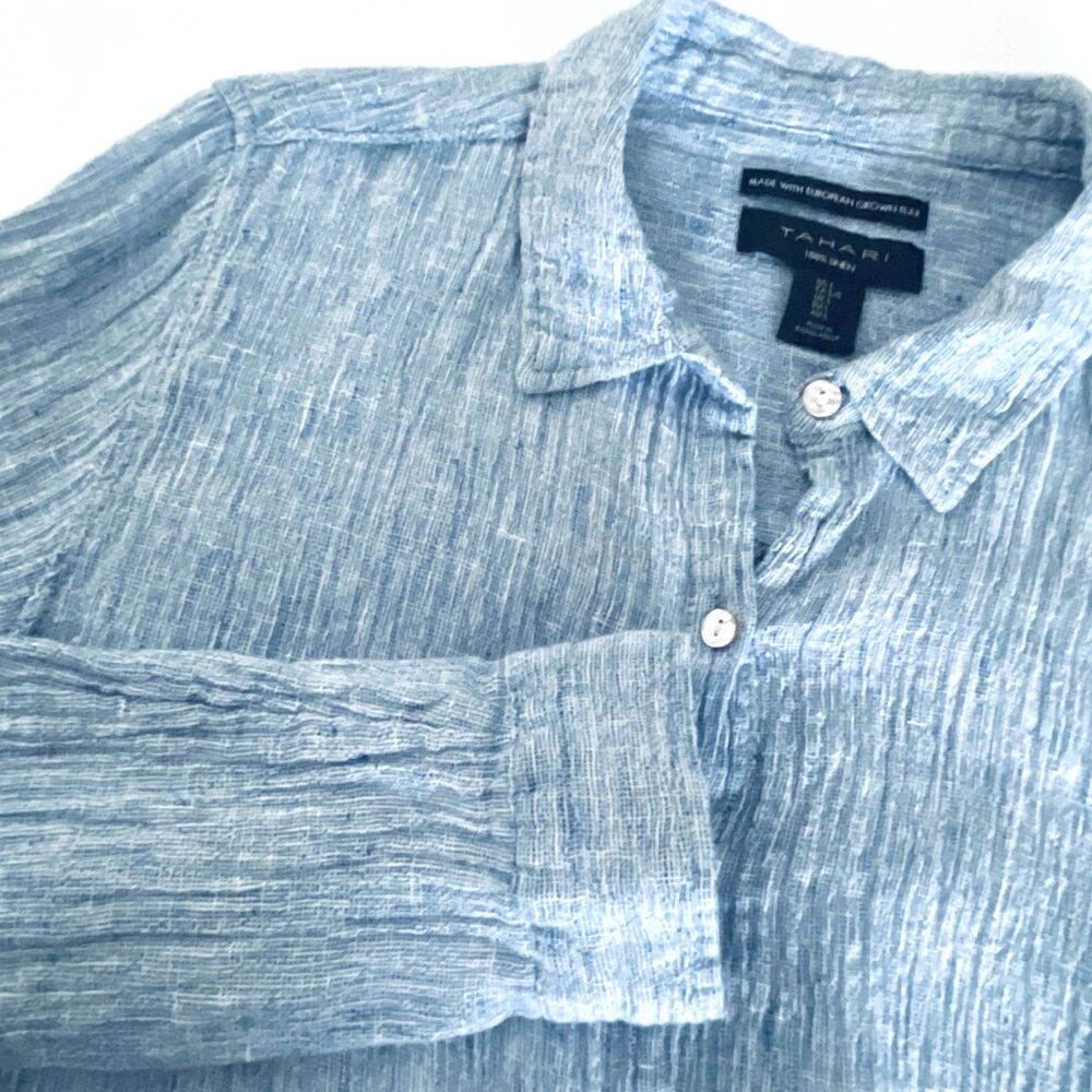 Tahari European Flax 100% Linen Shirt Women's L Blue Woven Textured Button Up
